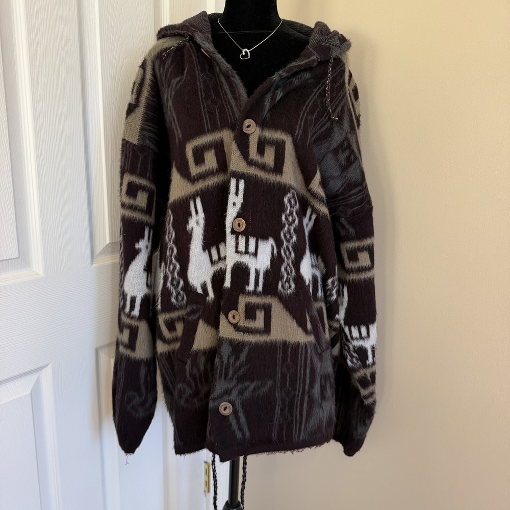 Artesanias Ramos VTG Wool Alpaca Button Up Jacket Sweater w/ hood Aztec Hippie